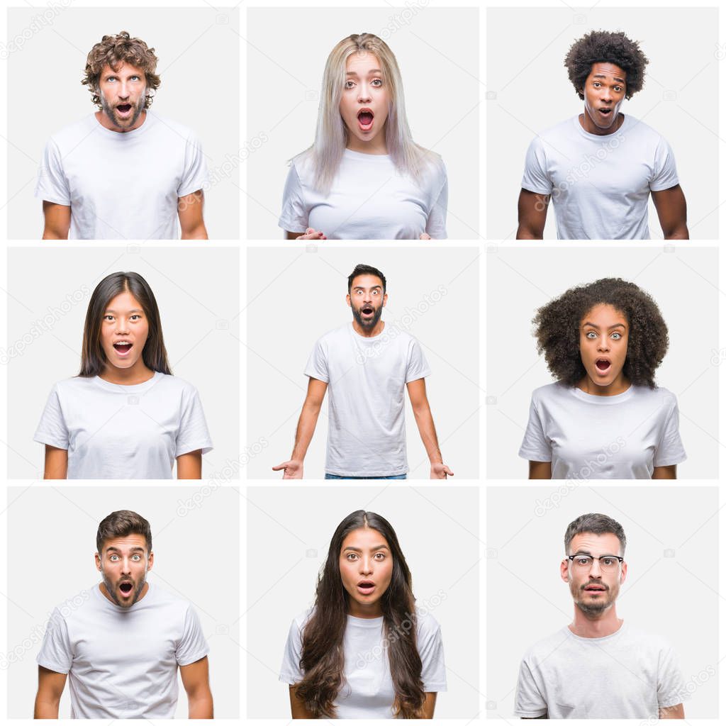 Collage of group of people wearing casual white t-shirt over isolated background afraid and shocked with surprise expression, fear and excited face.