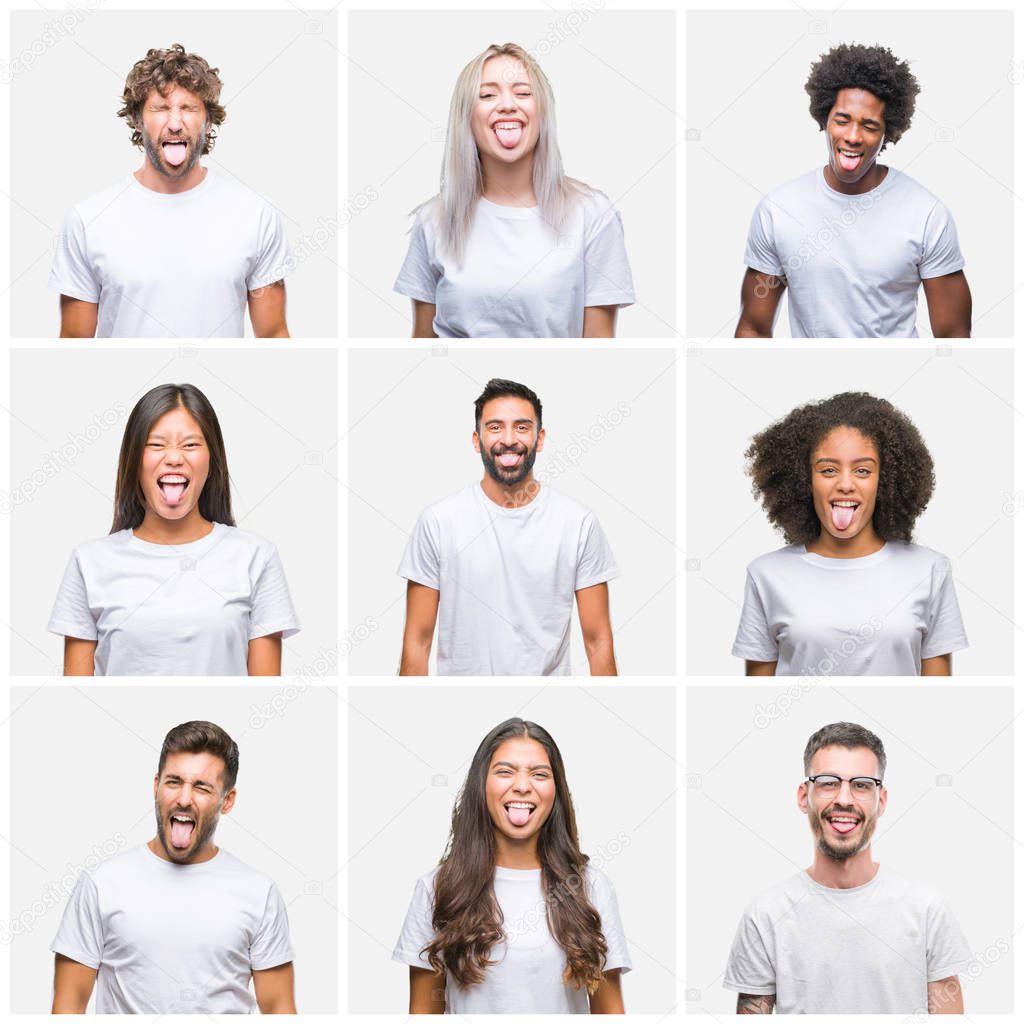 Collage of group of people wearing casual white t-shirt over isolated background sticking tongue out happy with funny expression. Emotion concept.