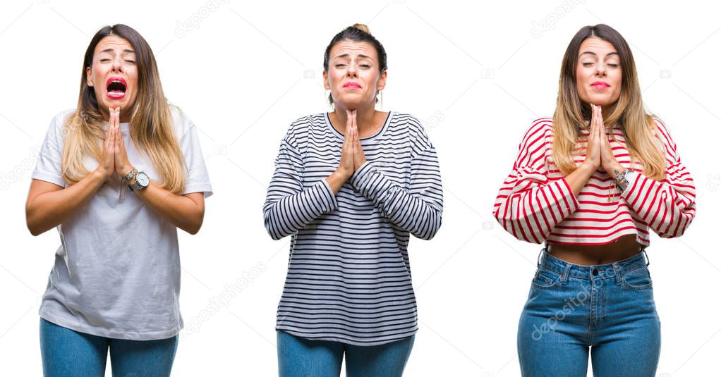 Collage of young beautiful woman over isolated background begging and praying with hands together with hope expression on face very emotional and worried. Asking for forgiveness. Religion concept.