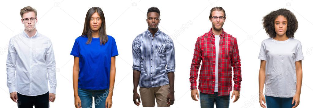 Collage of group of young asian, caucasian, african american people over isolated background with serious expression on face. Simple and natural looking at the camera.
