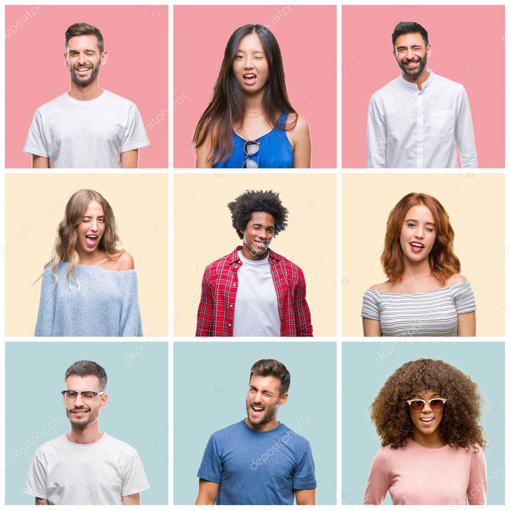 Collage of group of young people woman and men over colorful isolated background winking looking at the camera with sexy expression, cheerful and happy face.