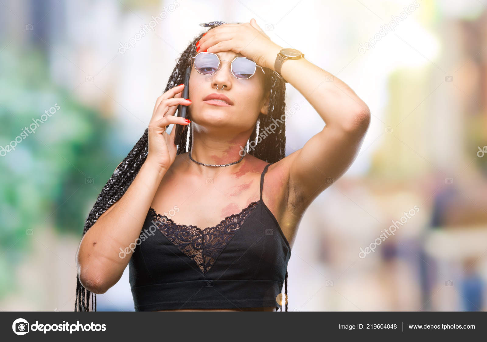 Young Braided Hair African American Birth Mark Talking Smartphone