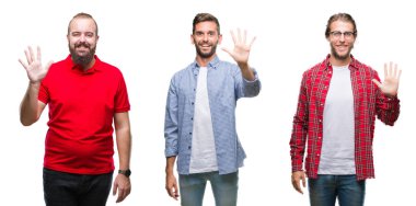 Kolaj bir grup genç adam gösterilen ve parmakları ile işaret izole arka plan üzerinde beş kendinden emin ve mutlu gülümseyerek iken numara.
