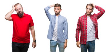 Grup izole arka plan üzerinde genç adam kolaj yanıltır ve soru hakkında merak ediyorum. Şüphe, kafasına el ile düşünme ile belirsiz. Dalgın kavramı.