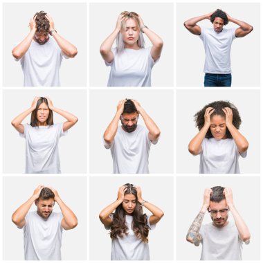 Kolaj grup çünkü umutsuz ve stresli baş ağrısı acı izole arka plan üzerinde rahat beyaz t-shirt giyen insan acı ve migren. Ellerini kafasına.