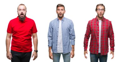 Kolaj bir grup genç adam izole arka plan korkuyor ve şok sürpriz ifade, korku ve heyecan yüz üzerinden.