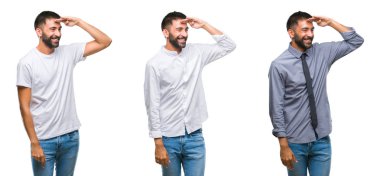 Yakışıklı genç Hintli adam mutsuz ve kızgın ret gösterilen ve başparmak aşağı hareketi ile negatif seyir izole arka plan üzerinde kolaj. Kötü ifade.