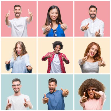 Kolaj bir grup genç insanlar kadın ve erkeklerin onaylama izole renkli arka plan üzerinde el ile pozitif jest yapıyor gülümseyen ve başarı için mutlu yaşasın. Kamera, kazanan jest arıyorsunuz.