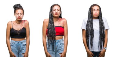 Kolaj güzel komik surat ile yanakları şişirme izole arka plan üzerinde saç Afrikalı-Amerikalı kadın Doğum işareti ile örgülü. Ağız ile hava, deli ifade şişirilmiş.