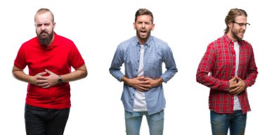 Kolaj üzerinde genç erkekler grup izole mide üzerinde el ile arka plan çünkü hazımsızlık, ağrılı hastalık hasta hissediyor. Ağrısı kavramı.