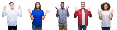 Kolaj grup izole arka plan üzerinde Genç Asyalı, beyaz, Afro-Amerikan insan dinlenmek ve gülümseyen gözlerle kapalı parmak jestle meditasyon yapıyor. Yoga kavramı.