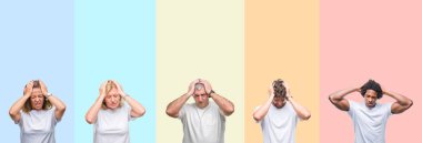 Grup Genç ve orta yaş insanlar renk üzerinde beyaz t-shirt giyen kolaj izole çünkü umutsuz ve stresli baş ağrısı acı arka plan ağrı ve migren. Ellerini kafasına.