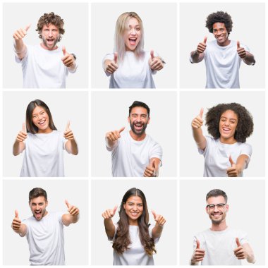 Kolaj grup izole arka plan onaylama üzerinde rahat beyaz t-shirt giyen insan el ile pozitif jest yapıyor gülümseyen ve başarı için mutlu yaşasın. Kamera, kazanan jest arıyorsunuz.