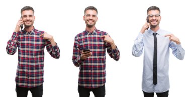 Kolaj bir sürpriz ile beyaz izole arka plan üzerinde smartphone kullanarak çalışan genç iş adamı yüz kendine işaret parmağı