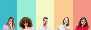 Üzerinde renkli vintage izole arka plan düşünme seyir yorgun ve bıkkın ile depresyon sorunları karşılıklı silah olan gençlerin grup kolaj.