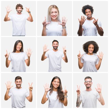 Kolaj Grup gösterilen ve parmakları ile işaret izole arka plan üzerinde rahat beyaz t-shirt giyen insan kendinden emin ve mutlu gülümseyerek süre yedi numara.