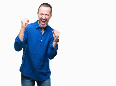 Gülümseyen ve başarı için çığlık orta yaş ağarmış üst düzey adam izole arka plan çok mutlu ve heyecanlı kaldırdı, silah ile kazanan jest yapıyor. Kutlama kavramı.