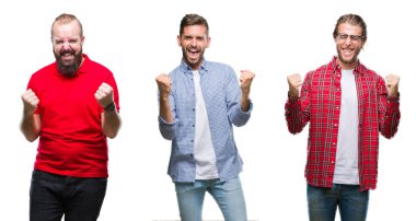 Kolaj bir grup izole arka plan çok mutlu ve heyecanlı kaldırdı, gülümseyen ve başarı için çığlık silah ile kazanan jest yapıyor üzerinde genç adam. Kutlama kavramı.