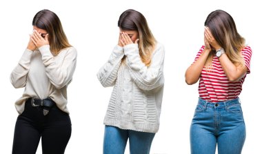 Genç güzel kadın ağlayarak süre elleriyle yüzünü kapsayan üzgün ifade ile izole arka plan yüzünden kolaj. Depresyon kavramı.