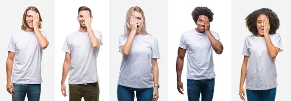 Collage Grupo Jóvenes Con Camiseta Blanca Sobre Fondo Aislado Cubriendo — Foto de Stock