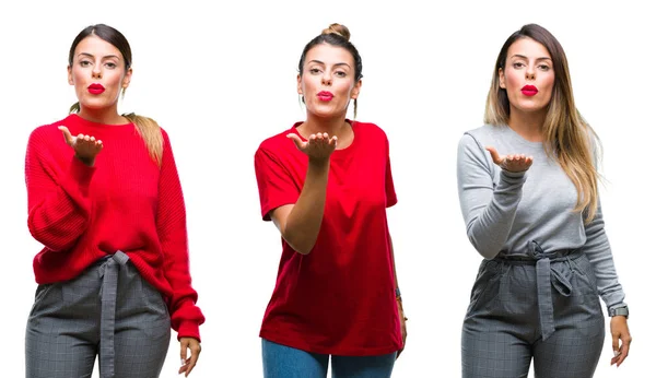 Collage of young beautiful woman over isolated background looking at the camera blowing a kiss with hand on air being lovely and sexy. Love expression.