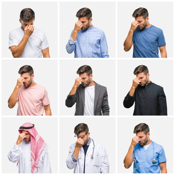 Genç doktor Arap iş adamı kolaj arka plan yorgun sürtünme burun ve göz yorgunluğu ve baş ağrısı duygu izole. Stres ve hayal kırıklığı kavramı.