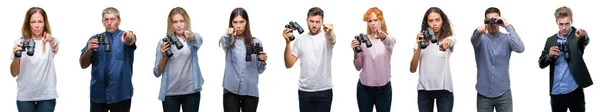 Collage Group People Looking Binoculars Isolated Background Pointing Finger Camera — Stock Photo, Image