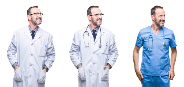Collage Bello Anziano Hoary Medico Uomo Indossando Uniforme Chirurgo Sfondo — Foto Stock