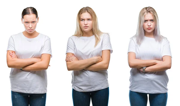 Collage Grupo Mujeres Jóvenes Con Camiseta Blanca Sobre Fondo Aislado — Foto de Stock