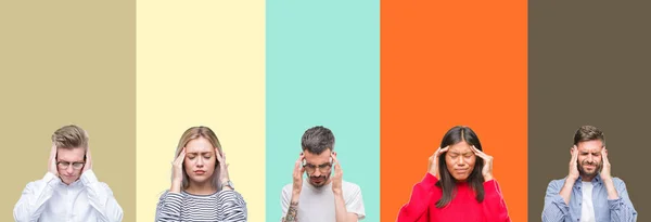 Collage Gruppo Giovani Sfondo Colorato Isolato Con Mano Sulla Testa — Foto Stock