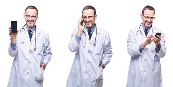 Collage Guapo Hombre Médico Alzado Senior Usando Teléfono Inteligente Sobre — Foto de Stock