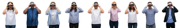 Collage Group People Looking Binoculars Isolated Background Happy Face Standing — Stock Photo, Image