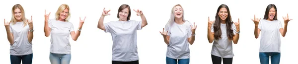 Collage Van Groep Vrouwen Dragen Witte Shirt Geïsoleerde Achtergrond Schreeuwen — Stockfoto