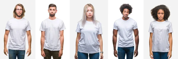 Collage Grupo Jóvenes Que Usan Una Camiseta Blanca Sobre Fondo — Foto de Stock