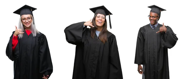 Collage Groupe Jeunes Étudiants Portant Uniforme Universitaire Diplômé Sur Fond — Photo