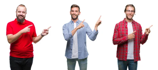 Collage Van Groep Jonge Mannen Geïsoleerde Achtergrond Glimlachen Kijken Naar — Stockfoto