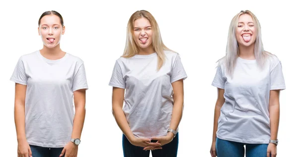 Collage Van Groep Jonge Vrouwen Dragen Witte Shirt Geïsoleerde Achtergrond — Stockfoto