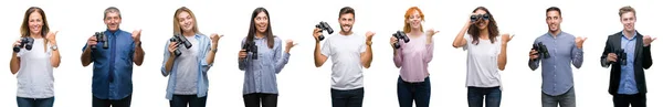 미소와 측면까지 손가락으로 보여주는 쌍안경을 사람들의 그룹의 콜라주 — 스톡 사진