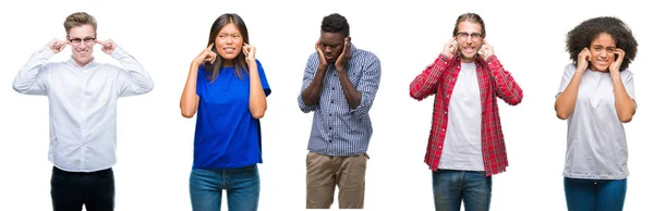 Collage Grupo Jóvenes Asiáticos Caucásicos Afroamericanos Sobre Fondo Aislado Cubriendo — Foto de Stock