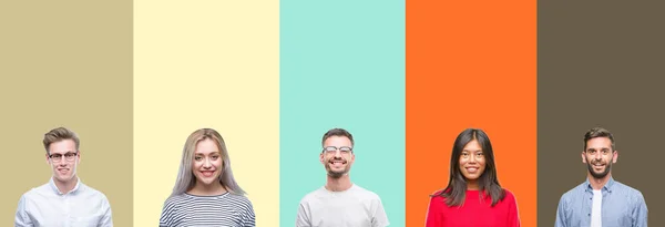 Collage Gruppo Giovani Sfondo Colorato Isolato Con Sorriso Felice Fresco — Foto Stock