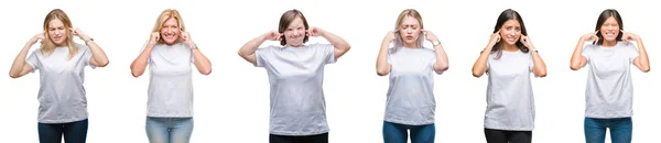 시끄러운 음악의 소음에 짜증이 손가락으로 셔츠를 여성의 콜라주 장애인 — 스톡 사진