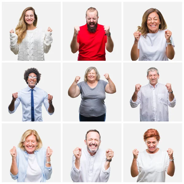 Collage Gruppo Giovani Mezza Età Anziani Sfondo Isolato Eccitati Successo — Foto Stock