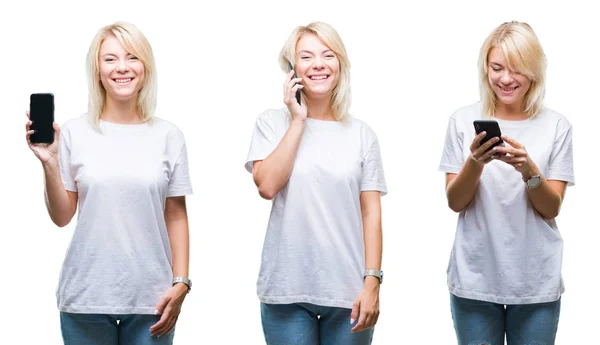 拼贴画美丽的金发女子使用智能手机在孤立的背景与一个快乐的脸站立和微笑与自信的微笑显示牙齿 — 图库照片