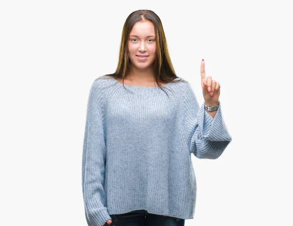 Young Beautiful Caucasian Woman Wearing Winter Sweater Isolated Background Showing — Stock Photo, Image