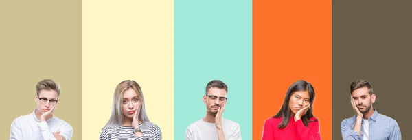 Collage Grupp Ungdomar Över Färgglada Isolerade Bakgrund Tänkande Ser Trött — Stockfoto