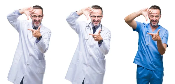 Collage Guapo Médico Alzado Senior Hombre Con Uniforme Cirujano Sobre — Foto de Stock