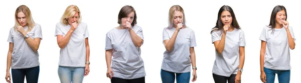 Collage Grupo Mujeres Que Usan Una Camiseta Blanca Sobre Fondo —  Fotos de Stock