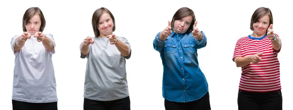 Коллаж Вниз Синдрома Женщина Изолированном Фоне Указывая Пальцами Камеру Счастливым — стоковое фото