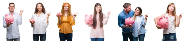 Collage Van Groep Mensen Geld Met Behulp Van Piggy Bank — Stockfoto