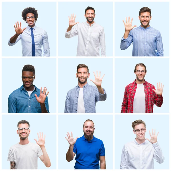 Collage Group Business Casual Men Isolated Background Showing Pointing Fingers — Stockfoto